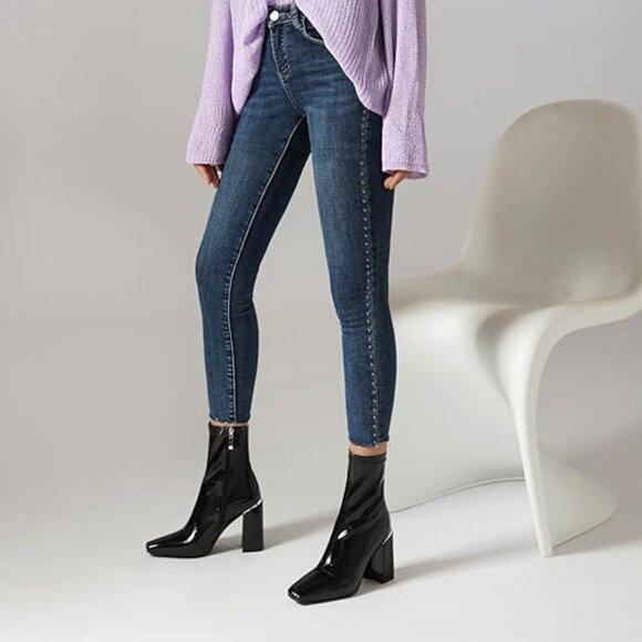 Womens Square Toe Ankle Booties Chunky Heel Boots Side Zipper Patent Leather - Picture 3 of 5